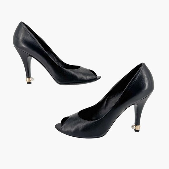 Chanel Peep Toe CC Logo Pearl Black Leather Pumps High Heels Size 38.5 US 7.5-8 - Picture 9 of 16